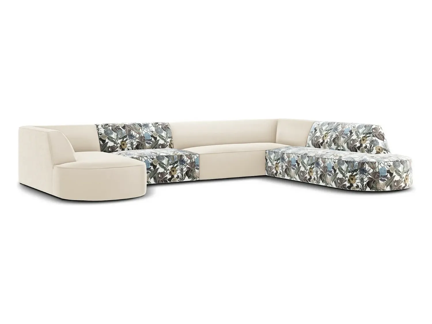 Sofá|CXL by Christian Lacroix - Sofá de canto direito panorâmico "Charles" 7 lugares em veludo padrão de jardim azul claro, bege - 366x273x69cm Multicor