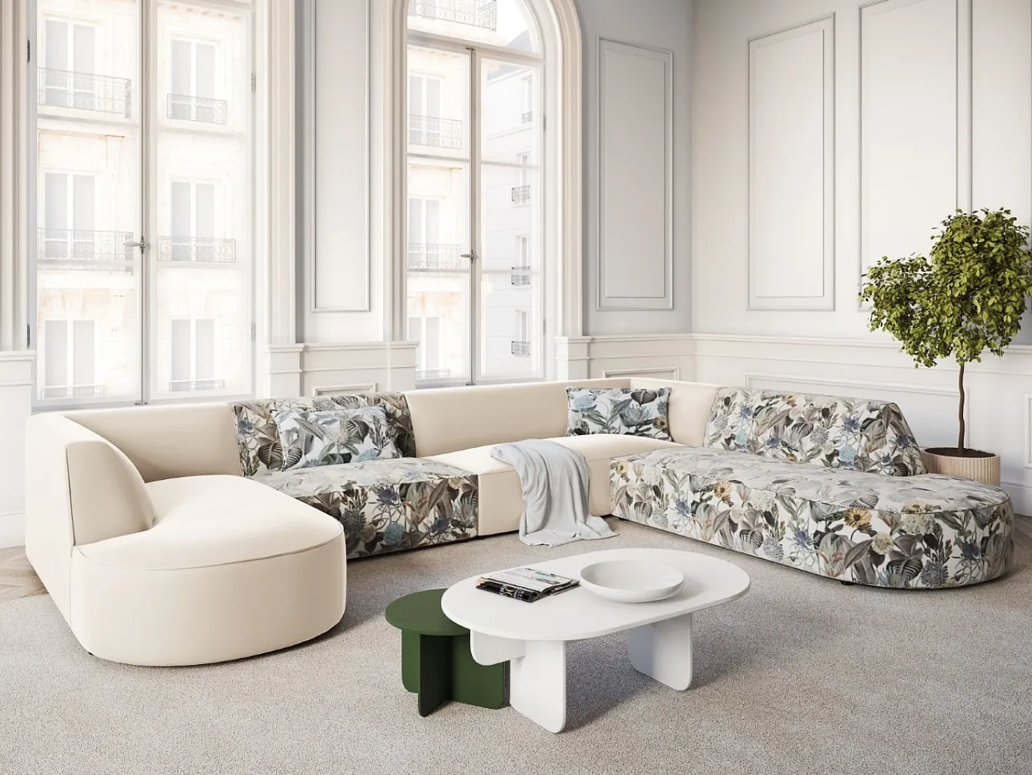 Sofá|CXL by Christian Lacroix - Sofá de canto direito panorâmico "Charles" 7 lugares em veludo padrão de jardim azul claro, bege - 366x273x69cm Multicor