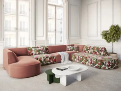 Sofá*CXL by Christian Lacroix - Sofá de canto direito panorâmico "Charles" 7 lugares em veludo padrão de rosas de jardim, rosa - 366x273x69cm Multicor