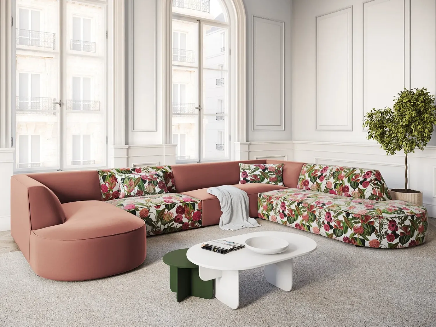 Sofá*CXL by Christian Lacroix - Sofá de canto direito panorâmico "Charles" 7 lugares em veludo padrão de rosas de jardim, rosa - 366x273x69cm Multicor