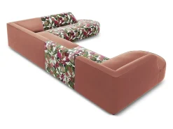 Sofá*CXL by Christian Lacroix - Sofá de canto direito panorâmico "Charles" 7 lugares em veludo padrão de rosas de jardim, rosa - 366x273x69cm Multicor