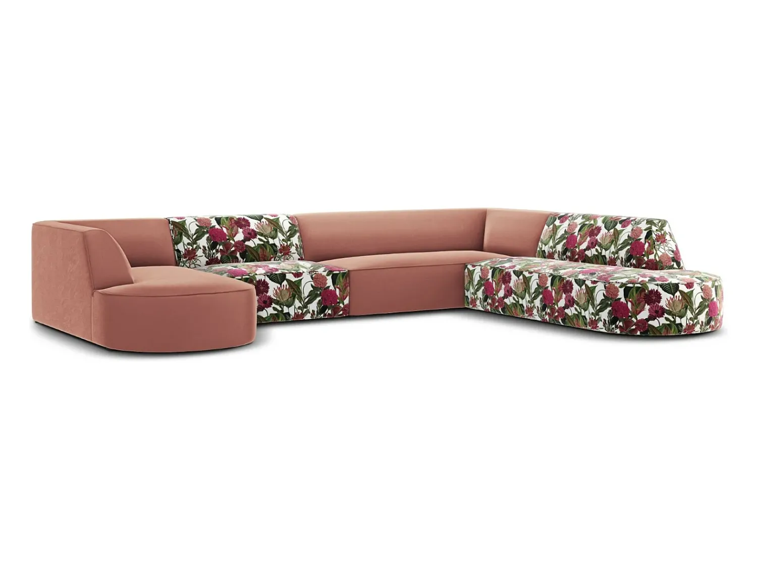 Sofá*CXL by Christian Lacroix - Sofá de canto direito panorâmico "Charles" 7 lugares em veludo padrão de rosas de jardim, rosa - 366x273x69cm Multicor