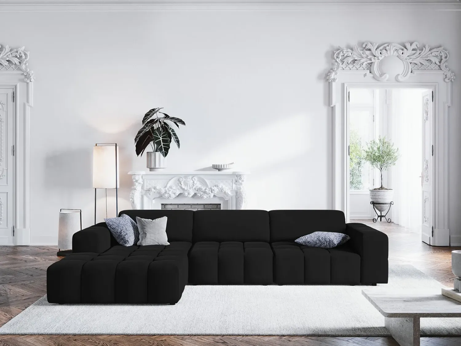 Sofá|CXL by Christian Lacroix - Sofá de canto esquerdo "Luc" 4 lugares em veludo - 284x166x70cm Preto