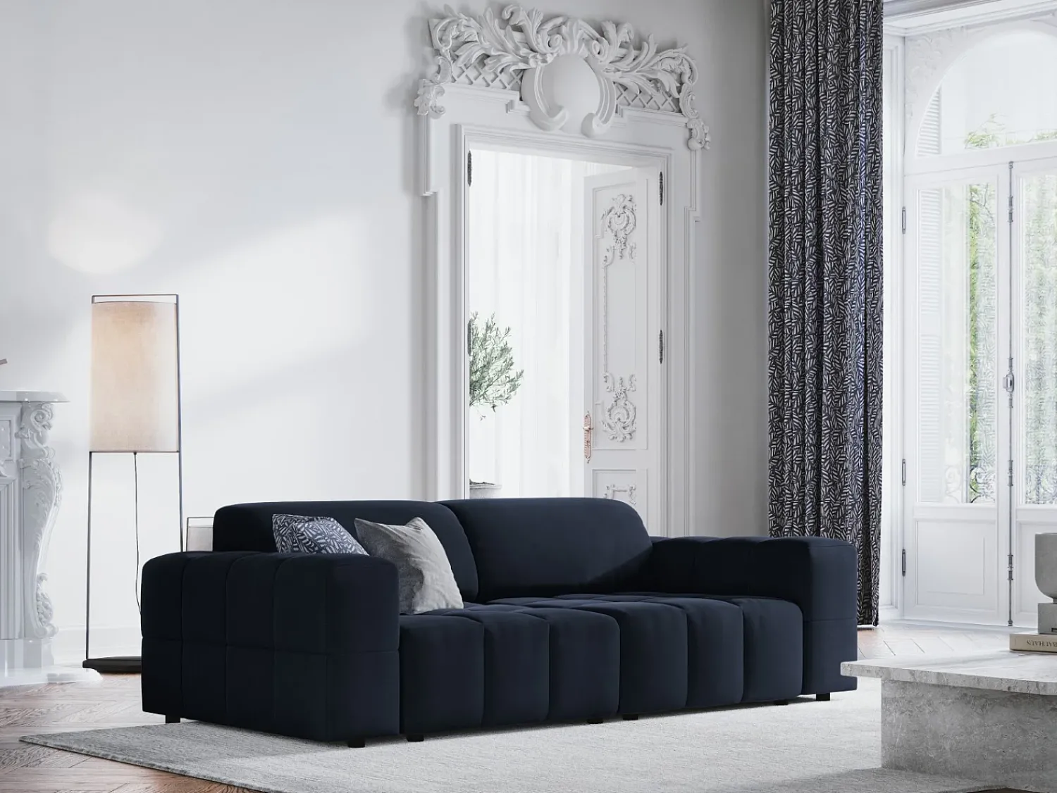 Sofá|CXL by Christian Lacroix - Sofá "Luc" 3 lugares em veludo - 204x102x70cm Azul escuro