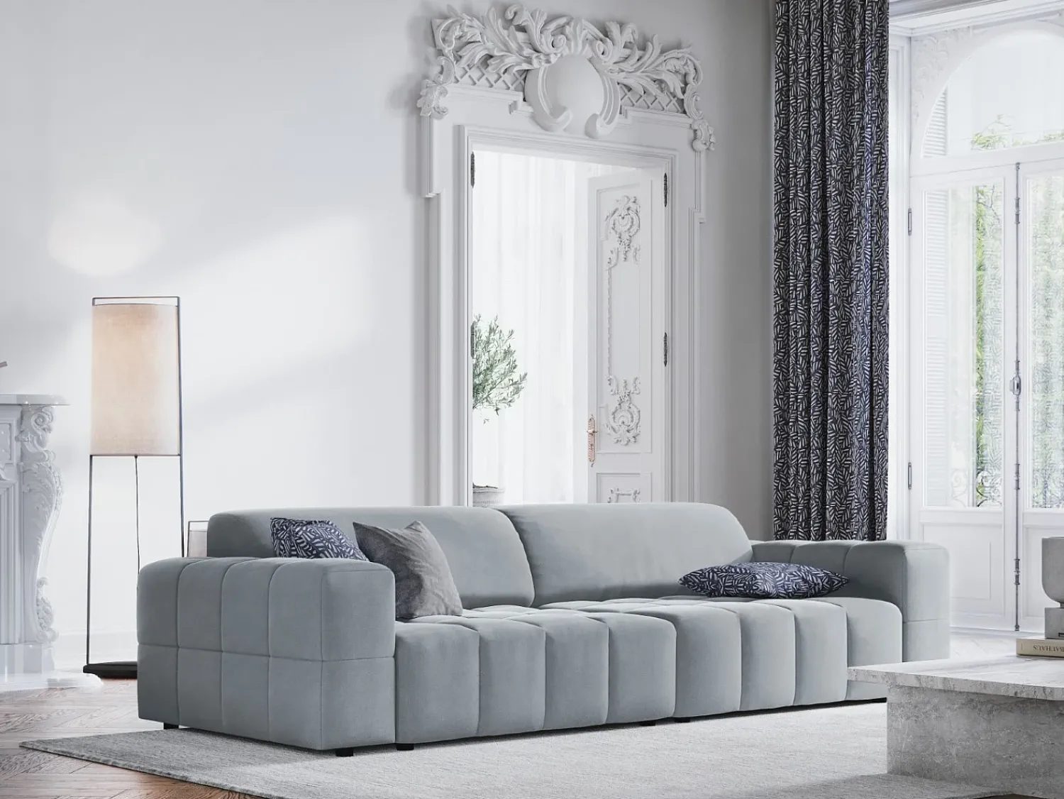 Sofá|CXL by Christian Lacroix - Sofá "Luc" 4 lugares em veludo - 244x102x70cm Azul claro