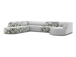 Sofá*CXL by Christian Lacroix - Sofá de canto panorâmico à esquerda "Charles" 7 lugares em veludo padrão jardim: azul-claro, cinzento-claro - 366x273x69cm Multicor