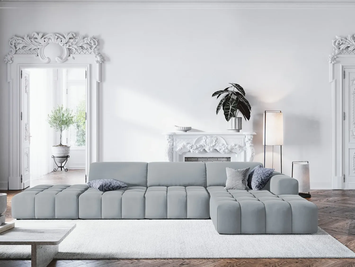 Discount CXL by Christian Lacroix - Sofá de canto direito "Luc" 5 lugares em veludo - 341x166x70cm Azul claro