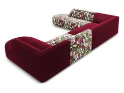 Sofá|CXL by Christian Lacroix - Sofá de canto panorâmico à esquerda "Charles" 7 lugares em veludo padrão de rosas de jardim, vermelho - 366x273x69cm Multicor