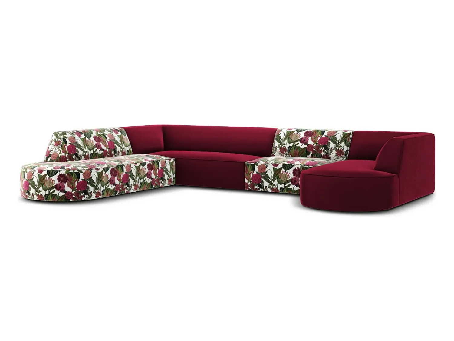 Sofá|CXL by Christian Lacroix - Sofá de canto panorâmico à esquerda "Charles" 7 lugares em veludo padrão de rosas de jardim, vermelho - 366x273x69cm Multicor