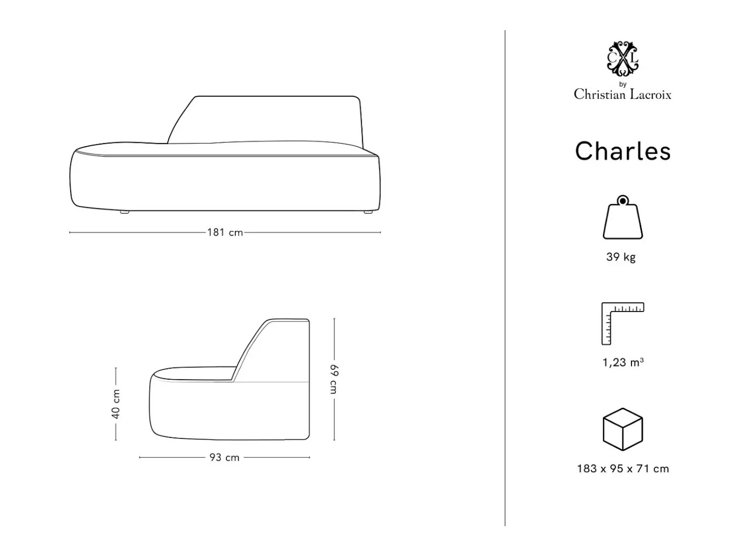 Sofá|CXL by Christian Lacroix - Sofá modular virado para a esquerda "Charles" 2 lugares em veludo cinza escuro - 181x93x69cm Cinza antracite