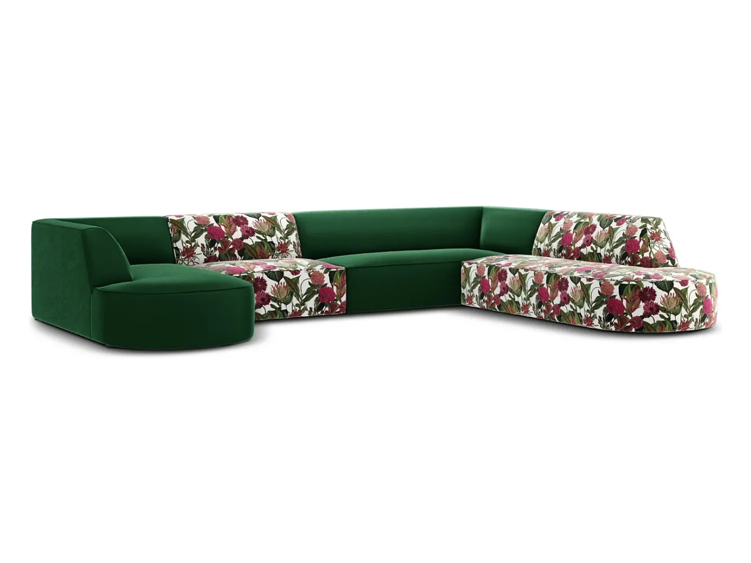 New CXL by Christian Lacroix - Sofá de canto direito panorâmico "Charles" 7 lugares em veludo padrão de rosas de jardim, verde - 366x273x69cm Multicor