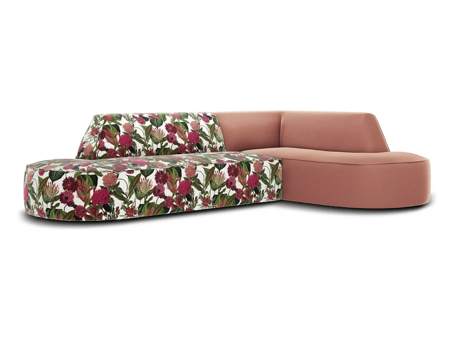 New CXL by Christian Lacroix - Sofá de canto direito "Charles" 4 lugares em veludo padrão de rosas de jardim, rosa - 273x180x69cm Multicor