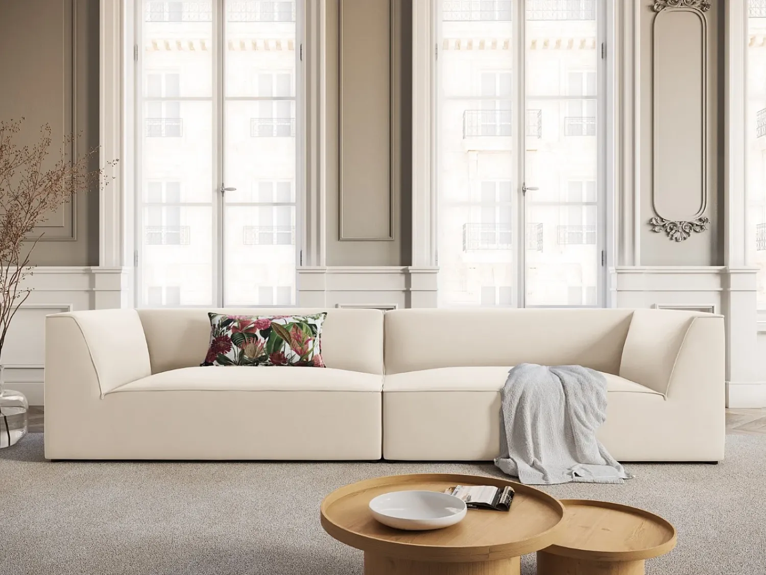 Sofá|CXL by Christian Lacroix - Sofá "Charles" 4 lugares em veludo - 302x93x69cm Bege