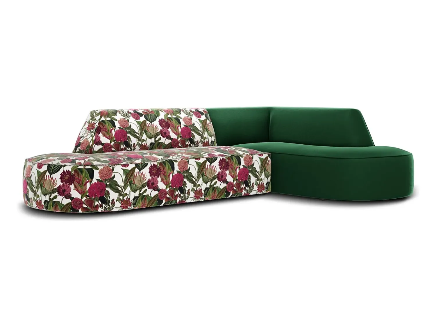 CXL by Christian Lacroix - Sofá de canto direito "Charles" 4 lugares em veludo padrão de rosas de jardim, verde - 273x180x69cm^ Sofá