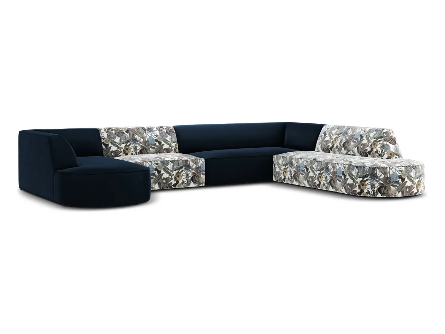 Sofá|CXL by Christian Lacroix - Sofá de canto direito panorâmico "Charles" 7 lugares em veludo padrão jardim: azul-claro, azul-escuro - 366x273x69cm Multicor