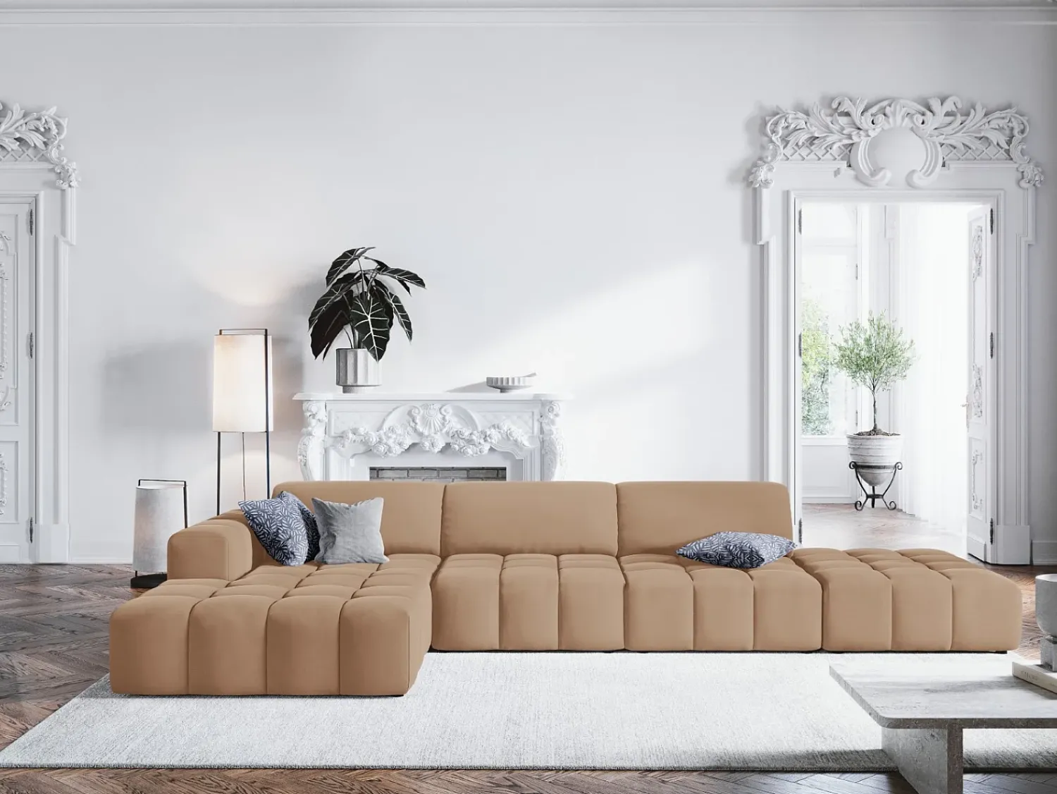 Sofá*CXL by Christian Lacroix - Sofá de canto esquerdo "Luc" 5 lugares em veludo escuro - 341x166x70cm Bege