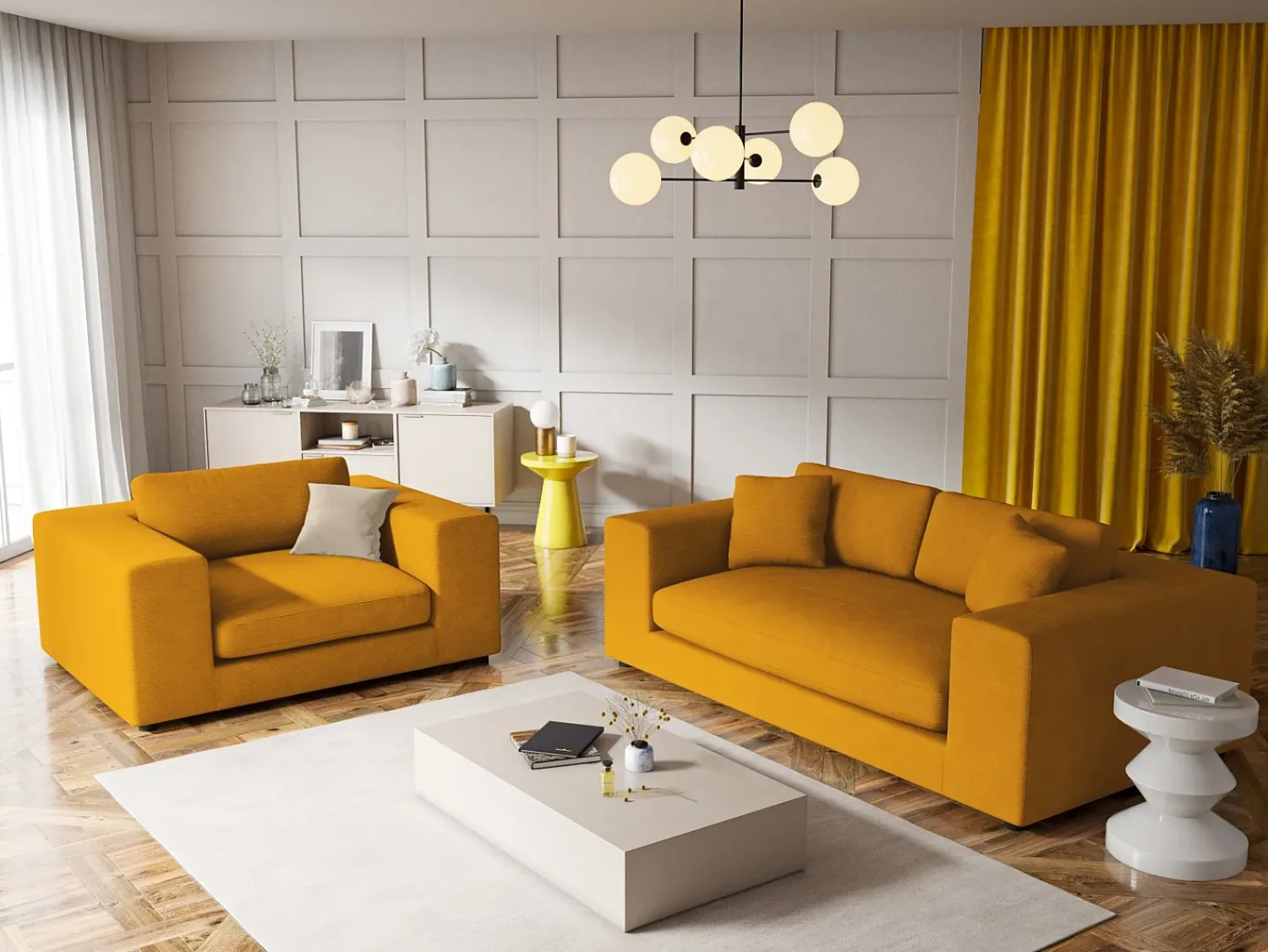 Sofá|CXL by Christian Lacroix - Sofá "Tendance" 3 lugares em veludo cotelê - 220x122x72cm Amarelo