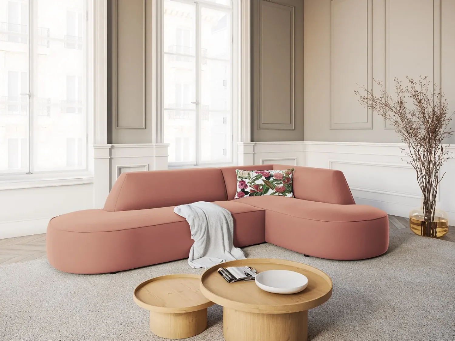 Discount CXL by Christian Lacroix - Sofá de canto direito "Charles" 4 lugares em veludo - 273x180x69cm Rosa