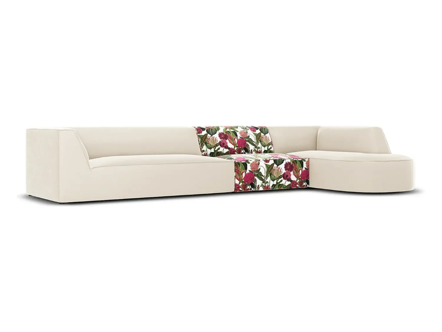 Sofá*CXL by Christian Lacroix - Sofá de canto direito "Charles" 5 lugares em veludo padrão de rosas de jardim, bege - 366x180x69cm Multicor