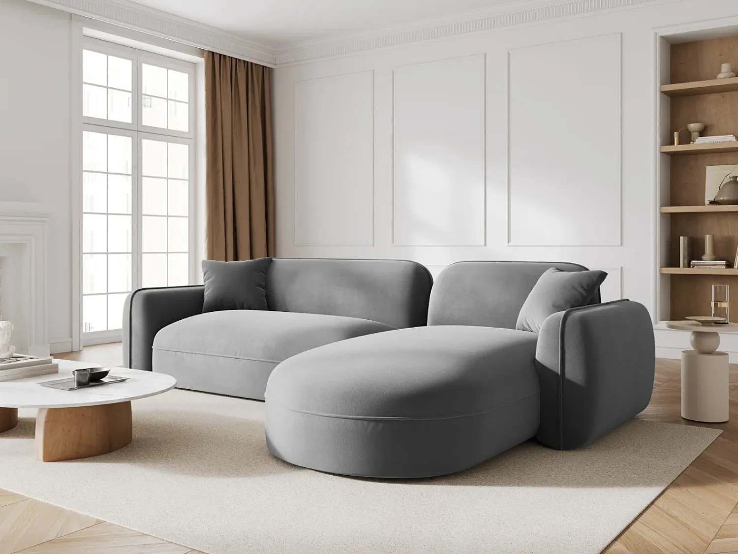 Sofá*CXL by Christian Lacroix - Sofá modular de canto direito "Lucien" 4 lugares em veludo cinza claro - 275x165x70cm Cinzento claro