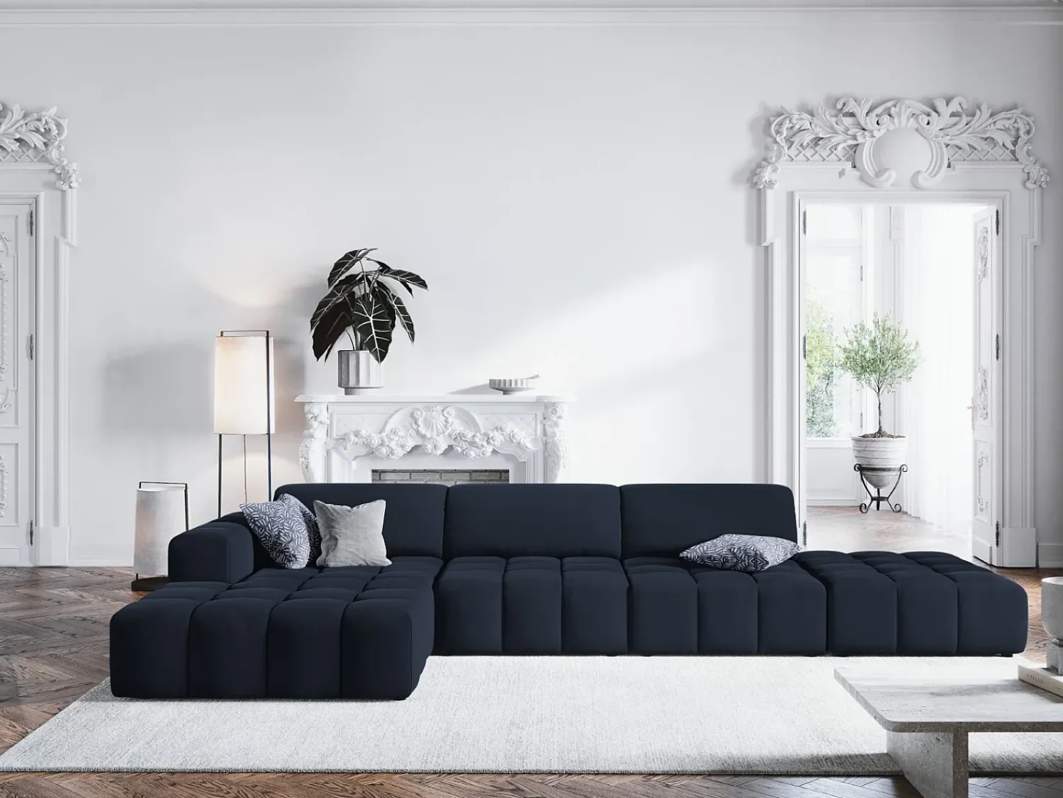 Online CXL by Christian Lacroix - Sofá de canto esquerdo "Luc" 5 lugares em veludo - 341x166x70cm Azul escuro