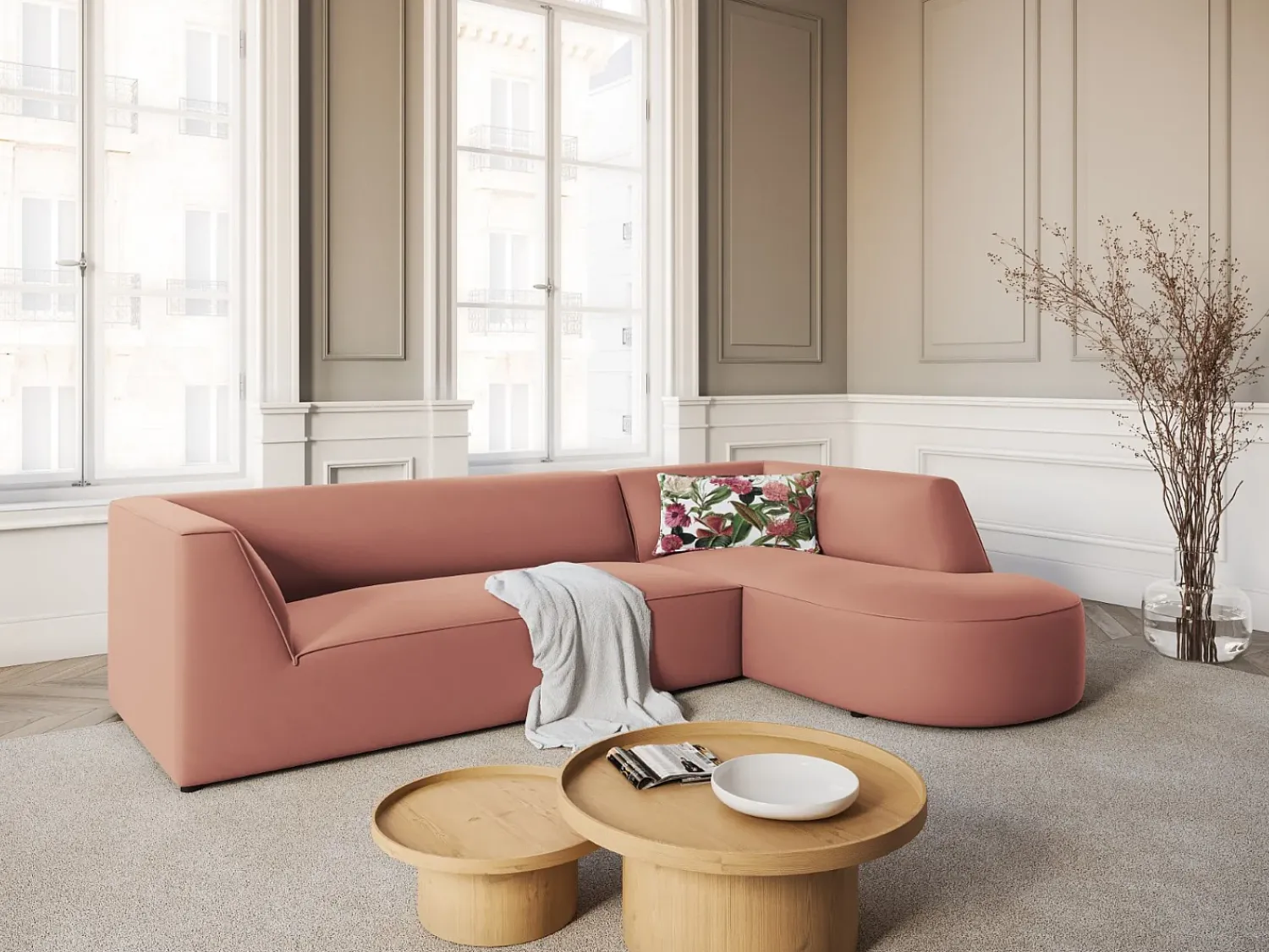 CXL by Christian Lacroix - Sofá de canto direito "Charles" 4 lugares em veludo - 273x180x69cm Rosa