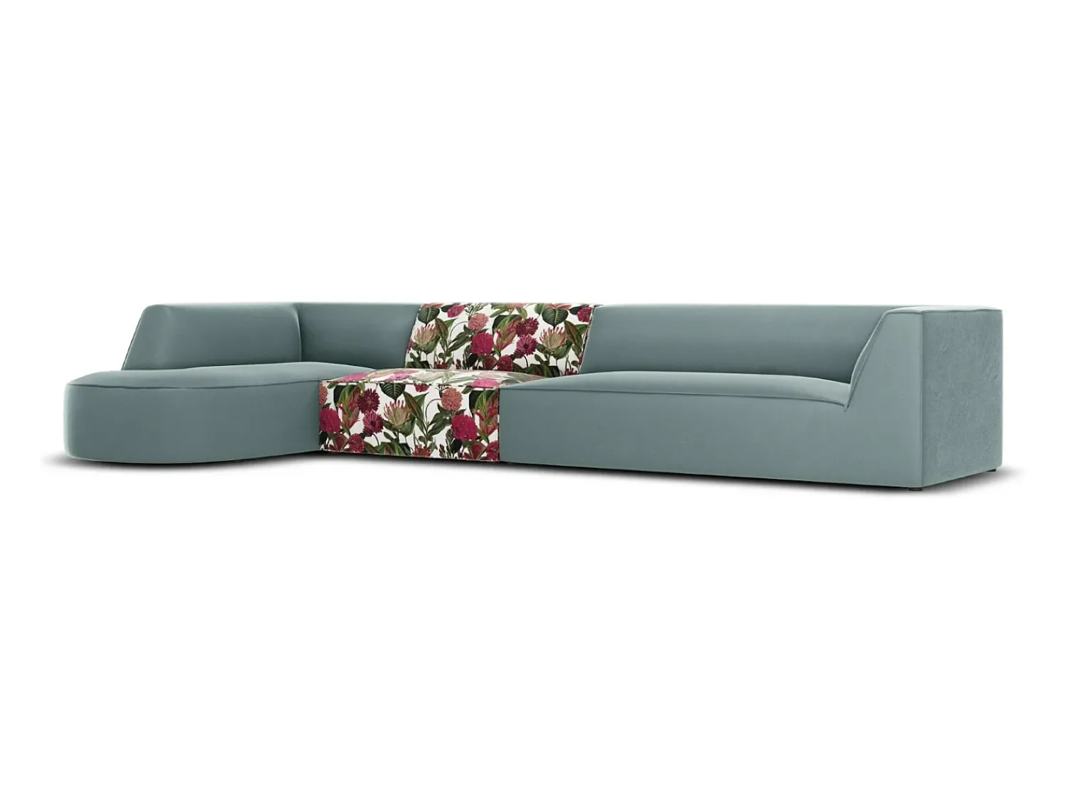 Sofá*CXL by Christian Lacroix - Sofá de canto esquerdo "Charles" 5 lugares em veludo padrão rosa jardim, menta - 366x180x69cm Multicor
