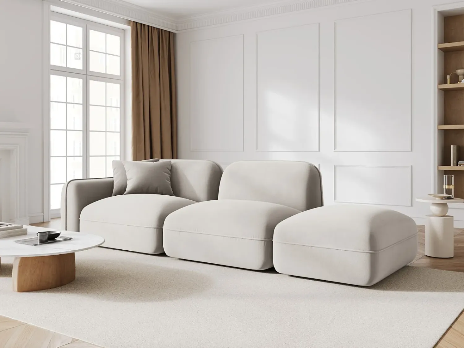 Sofá|CXL by Christian Lacroix - Sofá modular direito "Lucien" 3 lugares em veludo claro - 295x90x70cm Bege