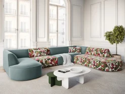 Sofá*CXL by Christian Lacroix - Sofá de canto direito panorâmico "Charles" 7 lugares em veludo padrão rosa jardim, menta - 366x273x69cm Multicor