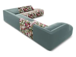 Sofá*CXL by Christian Lacroix - Sofá de canto direito panorâmico "Charles" 7 lugares em veludo padrão rosa jardim, menta - 366x273x69cm Multicor