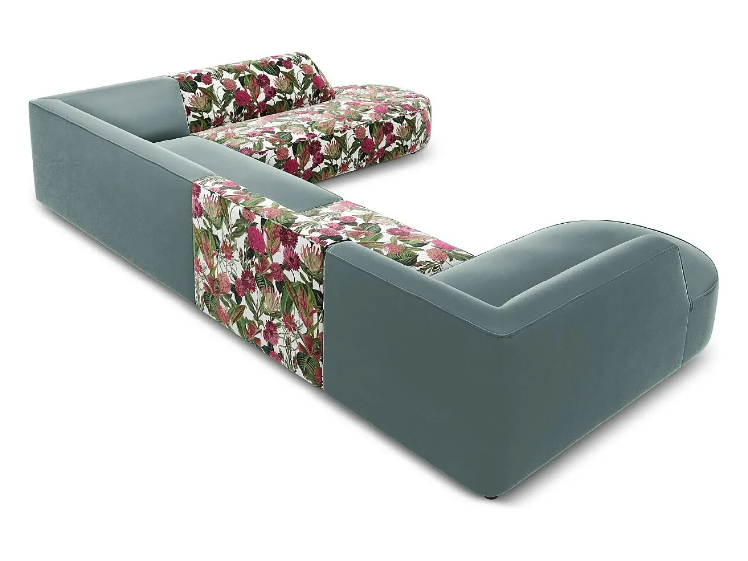 Sofá*CXL by Christian Lacroix - Sofá de canto direito panorâmico "Charles" 7 lugares em veludo padrão rosa jardim, menta - 366x273x69cm Multicor