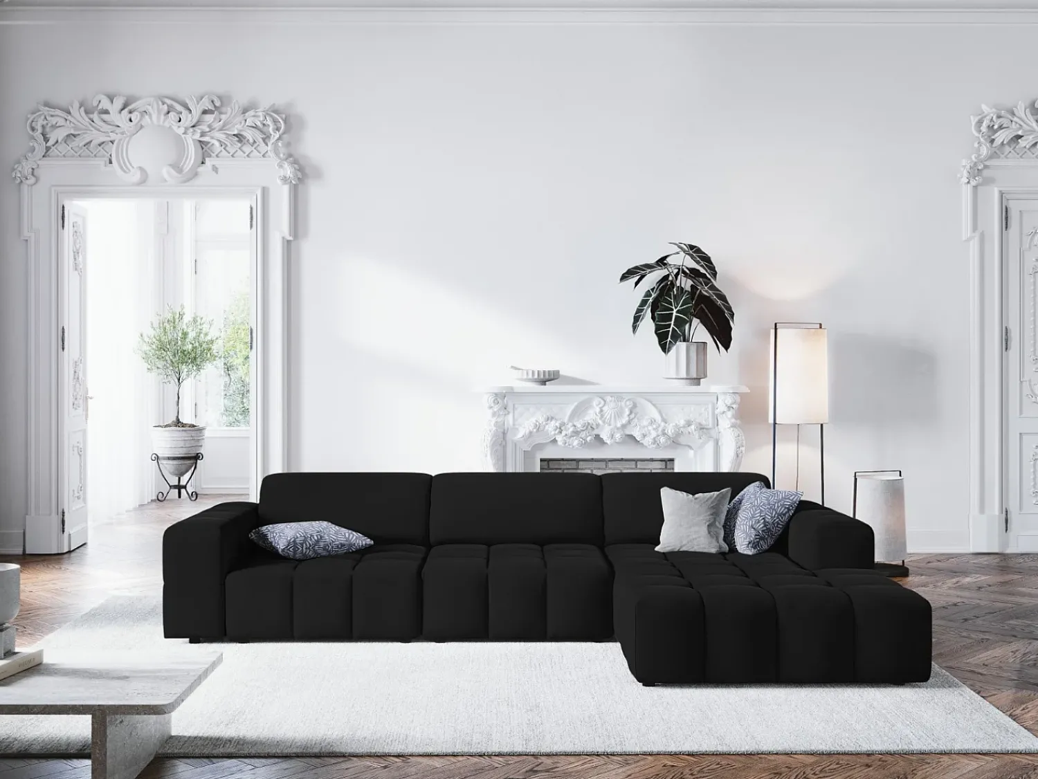 Sofá|CXL by Christian Lacroix - Sofá de canto direito "Luc" 4 lugares em veludo - 284x166x70cm Preto