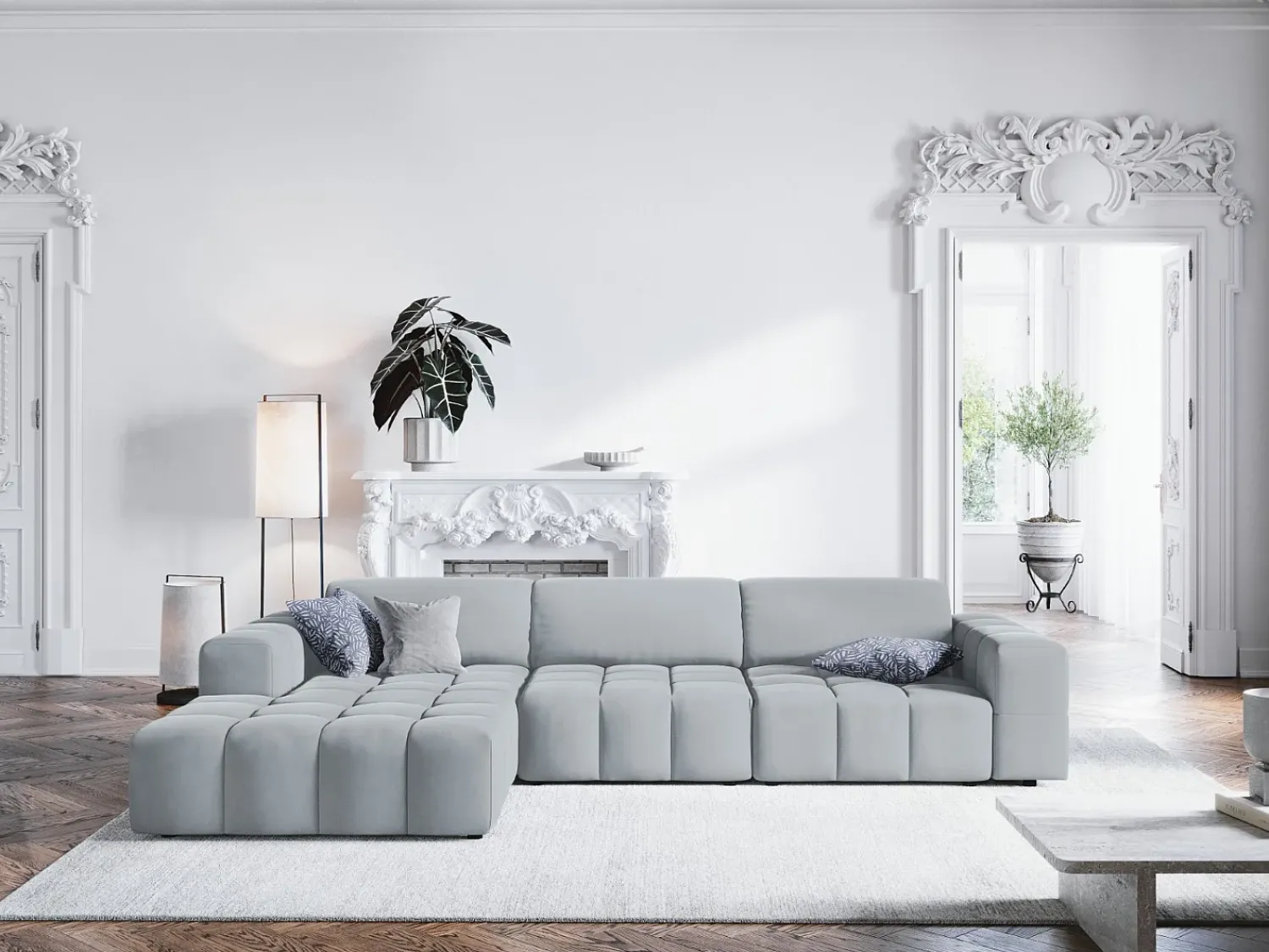CXL by Christian Lacroix - Sofá de canto esquerdo "Luc" 4 lugares em veludo - 284x166x70cm Azul claro