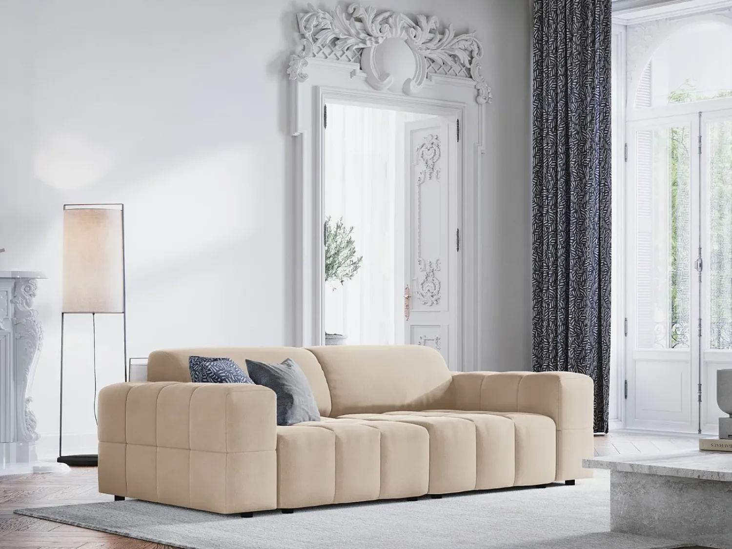 Sofá|CXL by Christian Lacroix - Sofá "Luc" 3 lugares em veludo claro - 204x102x70cm Bege