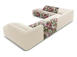 Sofá*CXL by Christian Lacroix - Sofá de canto panorâmico à esquerda "Charles" 7 lugares em veludo padrão de rosas de jardim, bege - 366x273x69cm Multicor