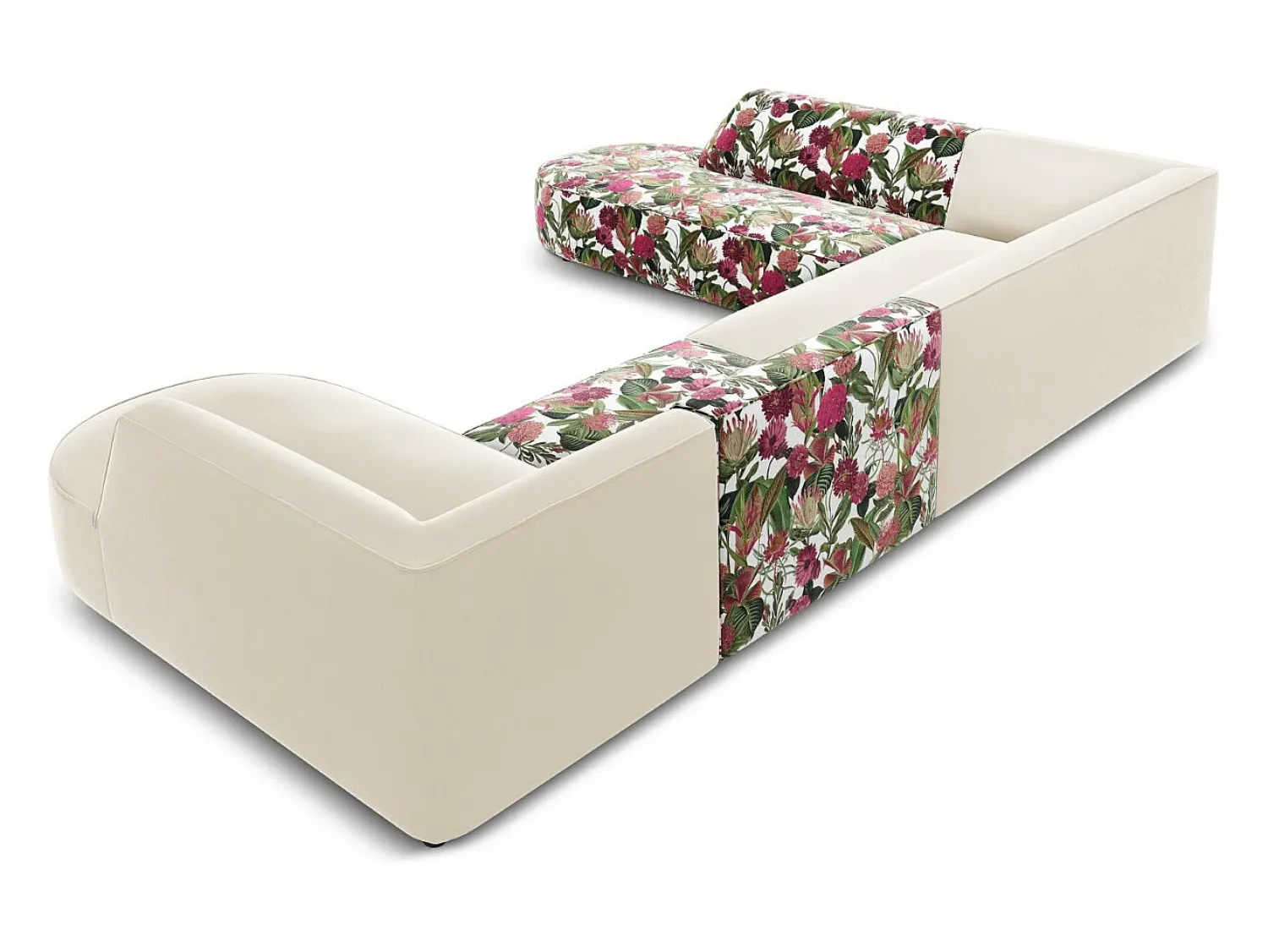 Sofá*CXL by Christian Lacroix - Sofá de canto panorâmico à esquerda "Charles" 7 lugares em veludo padrão de rosas de jardim, bege - 366x273x69cm Multicor
