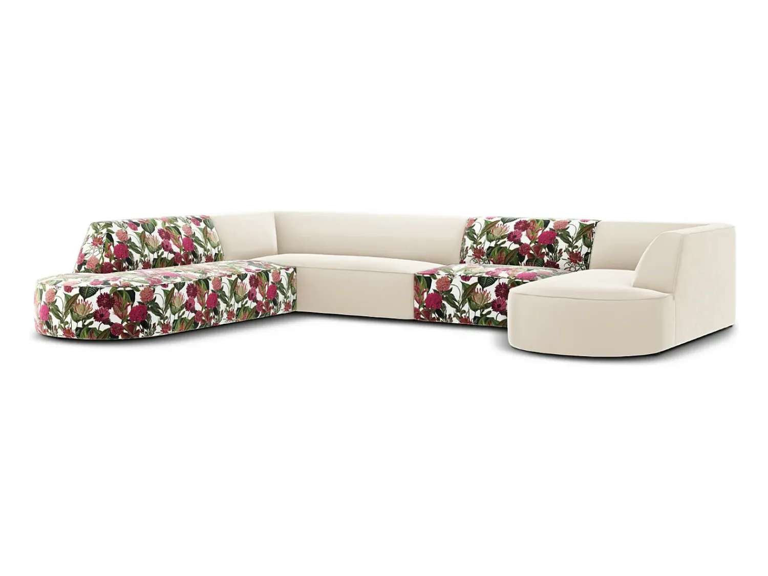 Sofá*CXL by Christian Lacroix - Sofá de canto panorâmico à esquerda "Charles" 7 lugares em veludo padrão de rosas de jardim, bege - 366x273x69cm Multicor