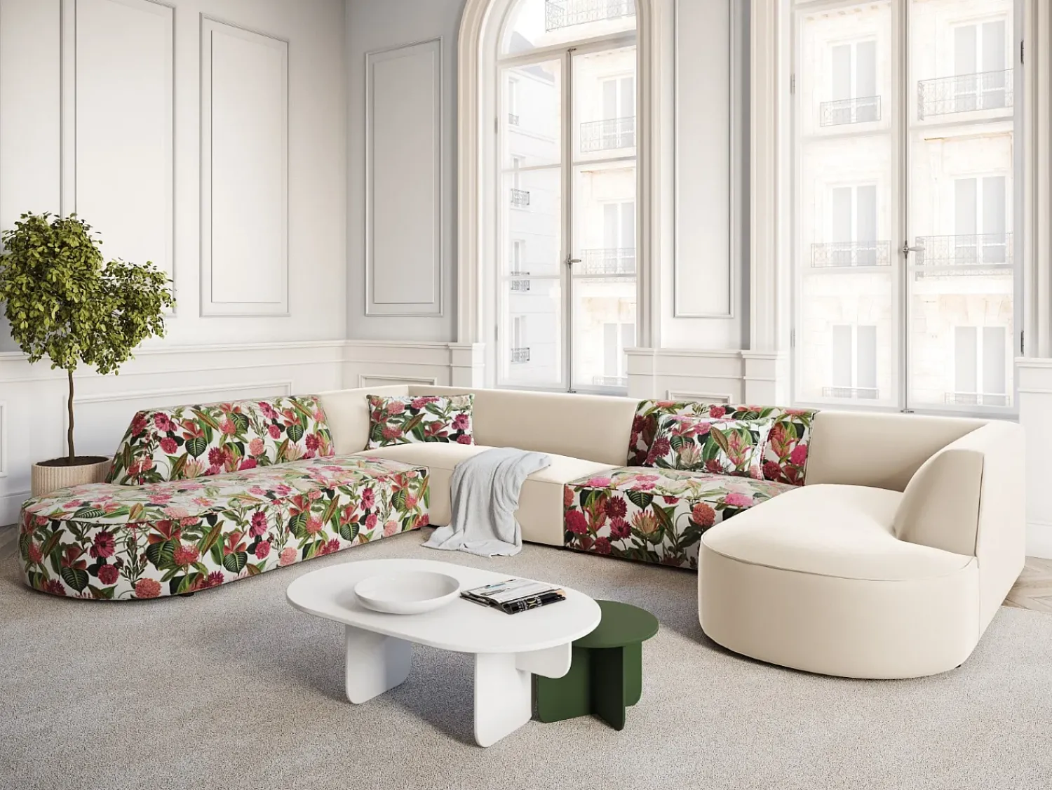 Sofá*CXL by Christian Lacroix - Sofá de canto panorâmico à esquerda "Charles" 7 lugares em veludo padrão de rosas de jardim, bege - 366x273x69cm Multicor
