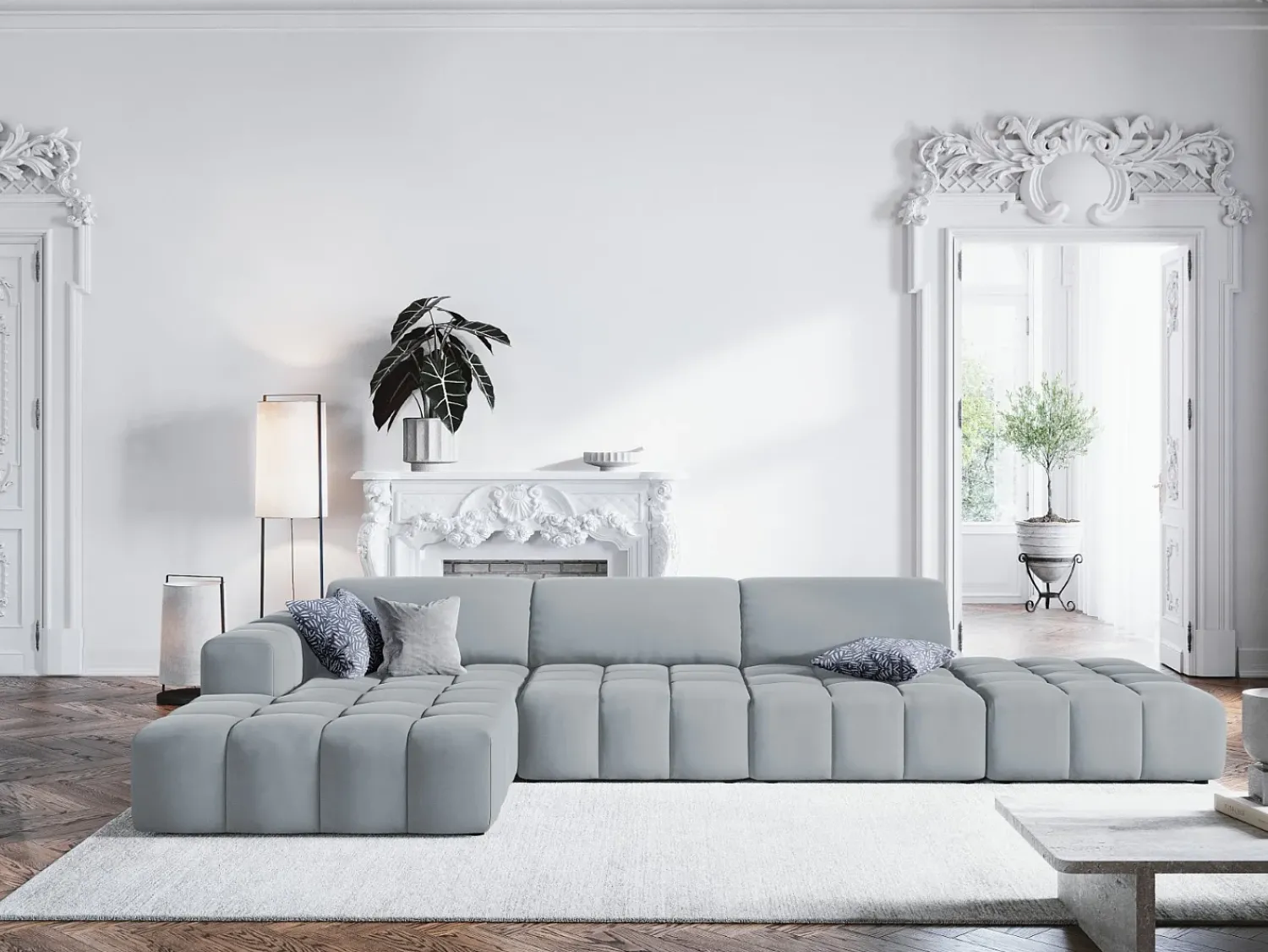 Sofá*CXL by Christian Lacroix - Sofá de canto esquerdo "Luc" 5 lugares em veludo - 341x166x70cm Azul claro