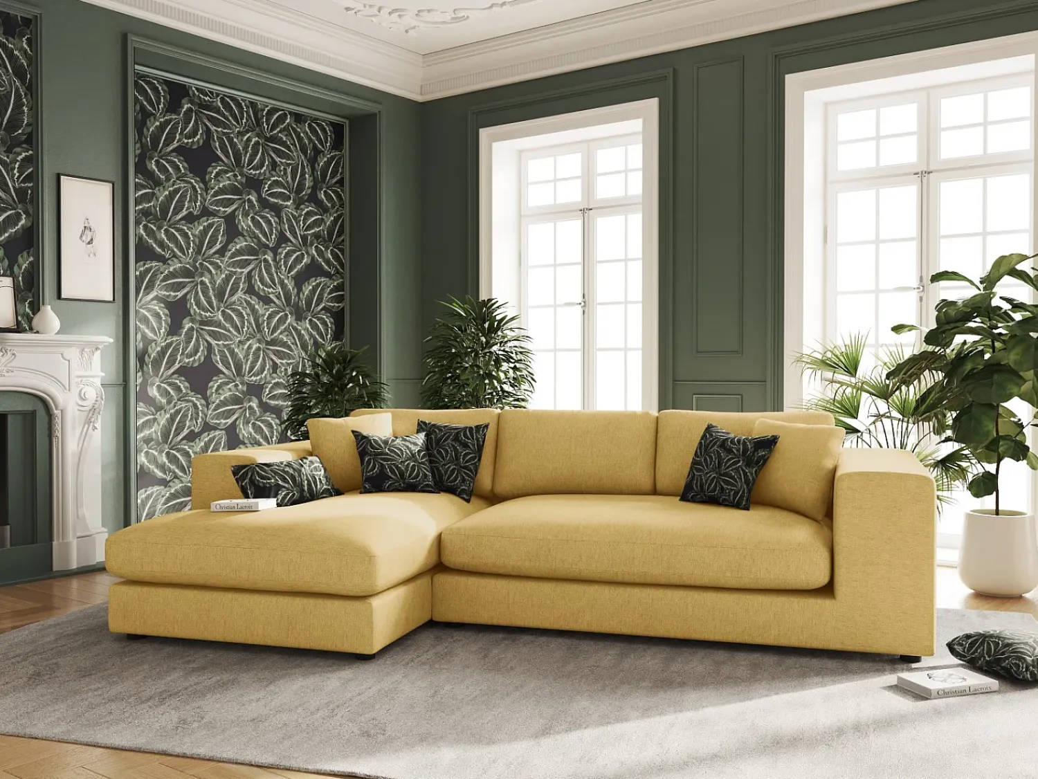 Outlet CXL by Christian Lacroix - Sofá de canto esquerdo "Tendance" 5 lugares em tecido estrutural - 282x174x72cm Amarelo