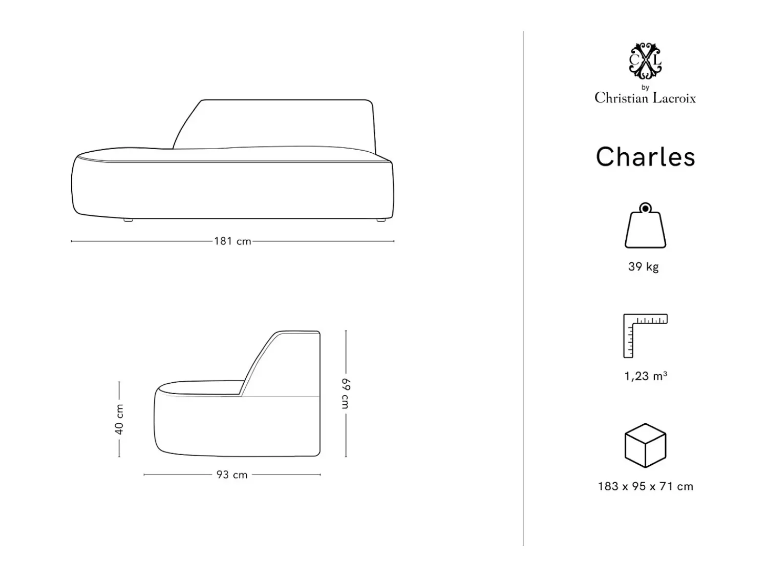 Sofá|CXL by Christian Lacroix - Sofá modular virado para a esquerda "Charles" 2 lugares em veludo cinza claro - 181x93x69cm Cinzento claro