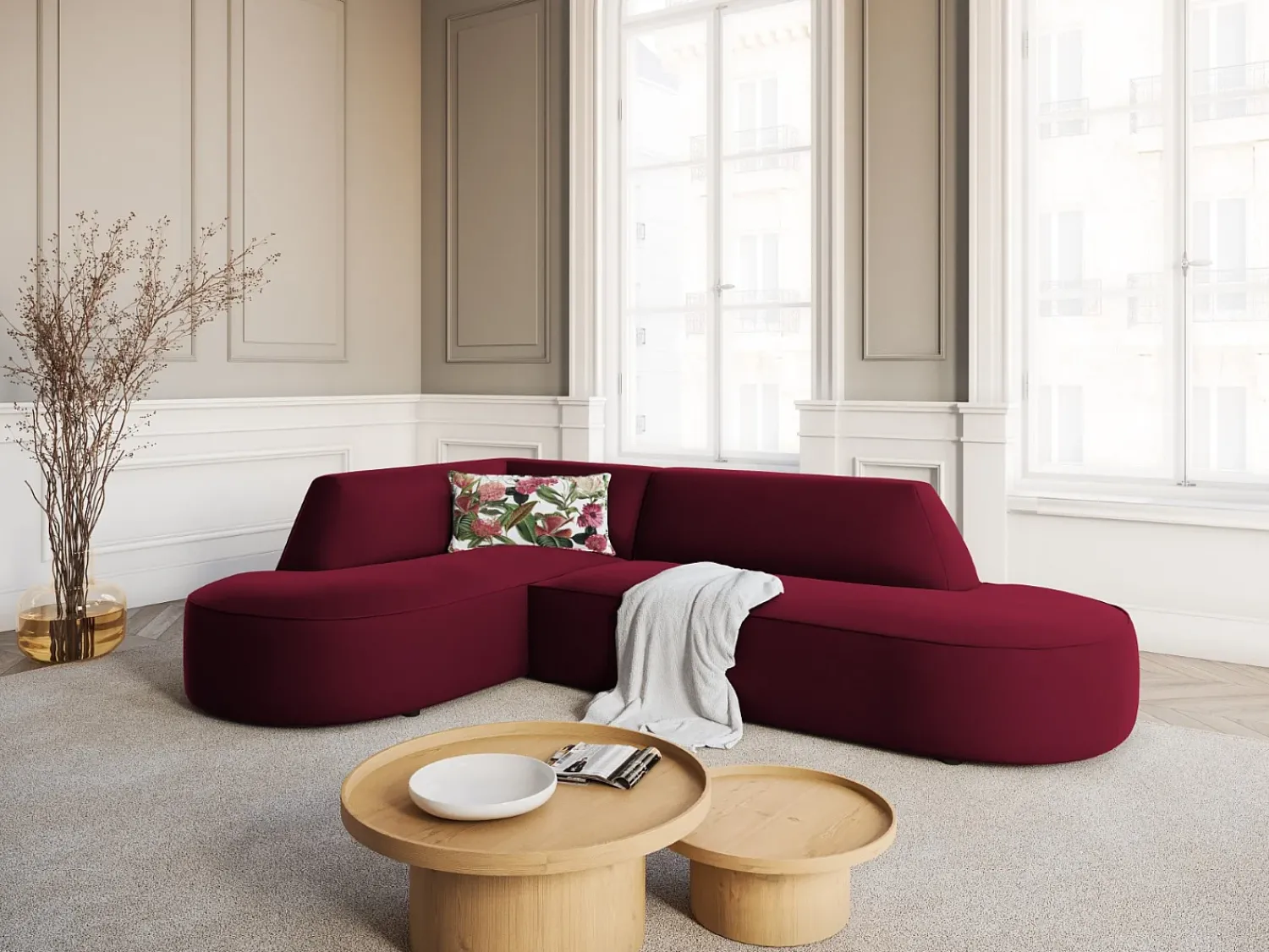 Sofá|CXL by Christian Lacroix - Sofá de canto esquerdo "Charles" 4 lugares em veludo - 273x180x69cm Vermelho