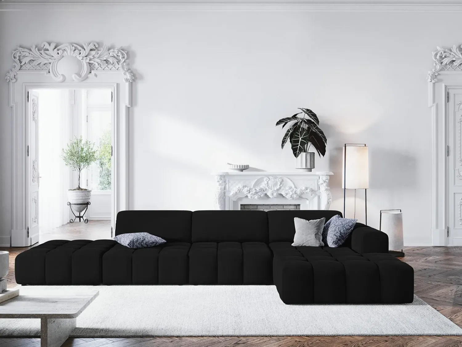Sofá|CXL by Christian Lacroix - Sofá de canto direito "Luc" 5 lugares em veludo - 341x166x70cm Preto
