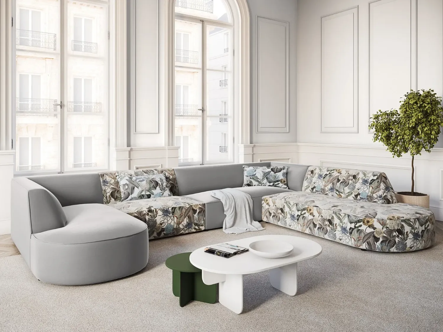 Sofá|CXL by Christian Lacroix - Sofá de canto direito panorâmico "Charles" 7 lugares em veludo padrão jardim: azul-claro, cinzento-claro - 366x273x69cm Multicor