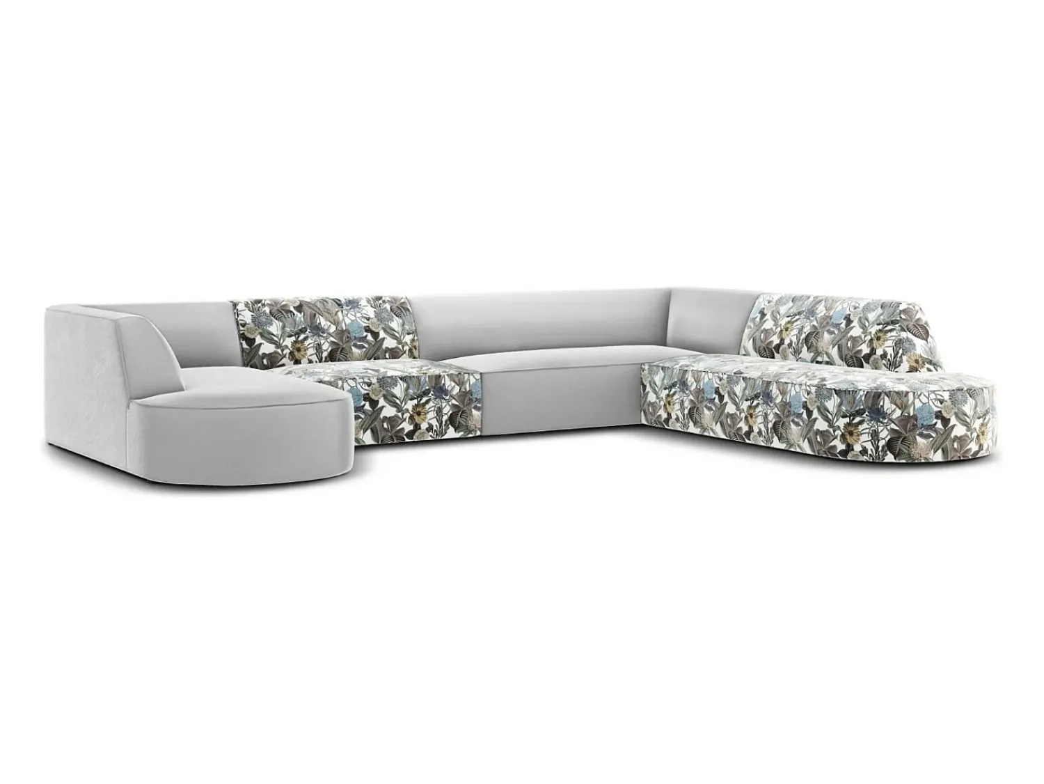 Sofá|CXL by Christian Lacroix - Sofá de canto direito panorâmico "Charles" 7 lugares em veludo padrão jardim: azul-claro, cinzento-claro - 366x273x69cm Multicor