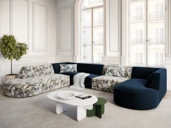 CXL by Christian Lacroix - Sofá de canto panorâmico à esquerda "Charles" 7 lugares em veludo padrão jardim: azul-claro, azul-escuro - 366x273x69cm^ Sofá