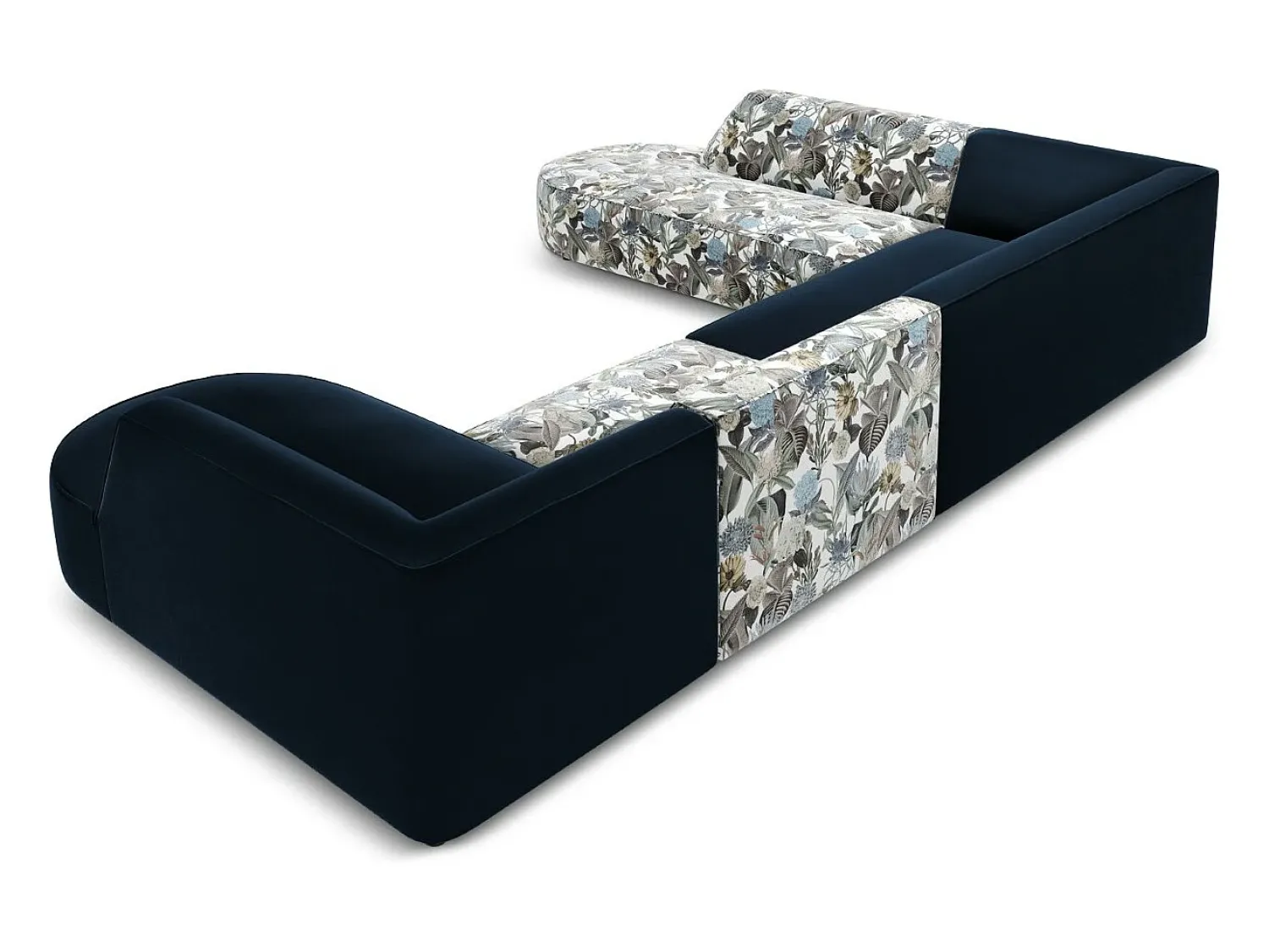 CXL by Christian Lacroix - Sofá de canto panorâmico à esquerda "Charles" 7 lugares em veludo padrão jardim: azul-claro, azul-escuro - 366x273x69cm^ Sofá