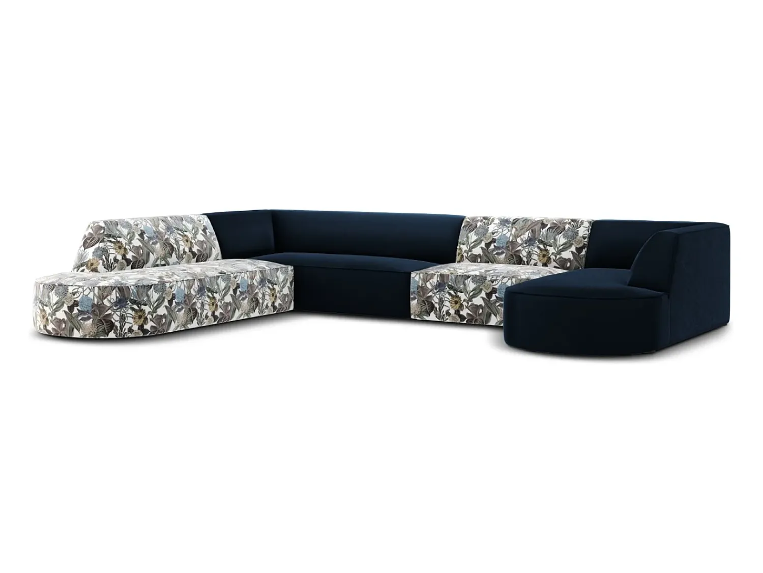 CXL by Christian Lacroix - Sofá de canto panorâmico à esquerda "Charles" 7 lugares em veludo padrão jardim: azul-claro, azul-escuro - 366x273x69cm^ Sofá