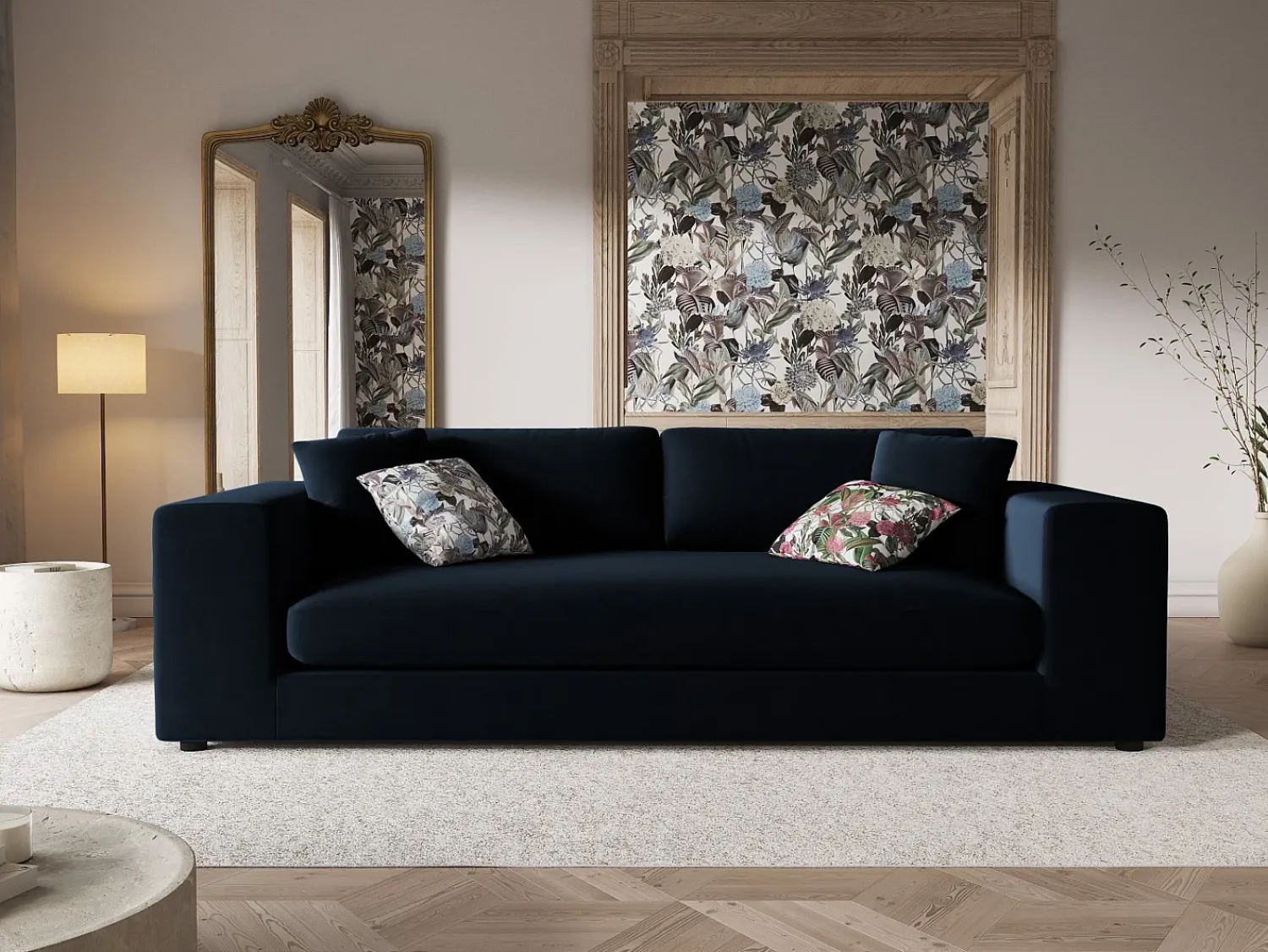 Sofá|CXL by Christian Lacroix - Sofá "Tendance" 4 lugares em veludo - 262x122x72cm Azul escuro