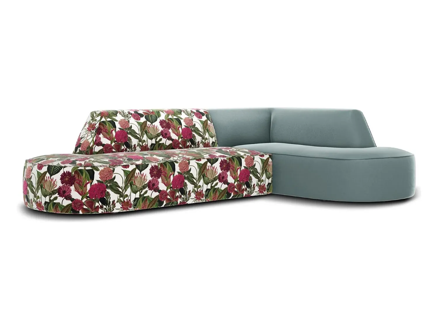 CXL by Christian Lacroix - Sofá de canto direito "Charles" 4 lugares em veludo padrão rosa jardim, menta - 273x180x69cm^ Sofá